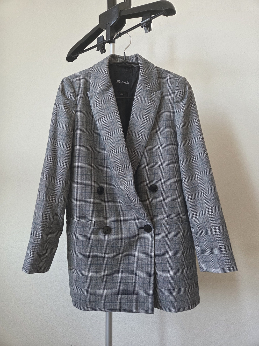 Madewell Plaid Double Breasted Blazer Gray Black Check Peak Lapel Size XS